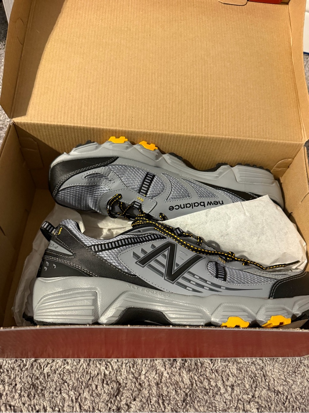 New Balance Size 13 Men's Grey and Black Trail Sneakers with Yellow Accents